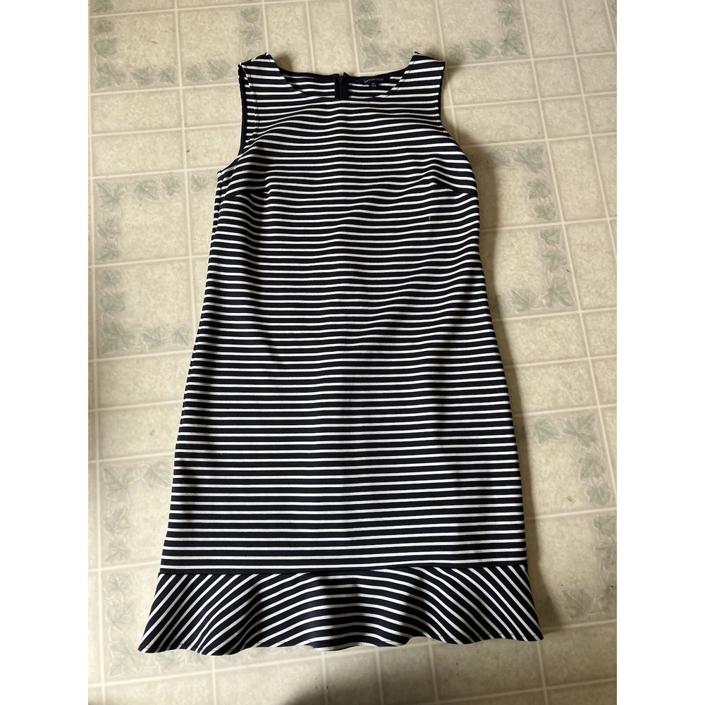 Lands End Sheath Ruffle Hem Navy White Striped Dress Sleeveless‎ 10 Ponte Knit